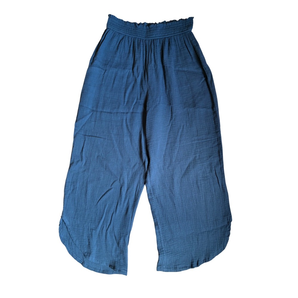 Marine Layer Blue Grey Cotton Double Gauze Wide Leg Smocked Tulip Pants Large